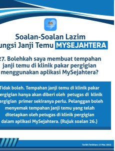 Soalan-Soalan Lazim Fungsi Janji Temu MySejahtera: Bolehkah Membuat Tempahan Janji Temu Klinik Pakar Pergigian? 